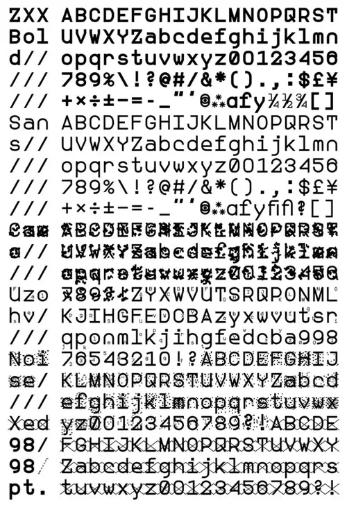 Font specimen of ZXX 